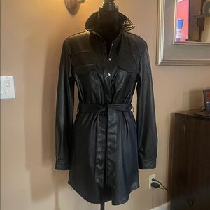 Elegant Black Faux Leather Belted Dress